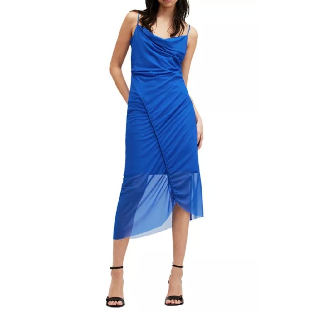 AllSaints Ulla Asymmetric Ruched Cowl Neck Blue Midi Dress 10 Formal‎ Prom Fairy